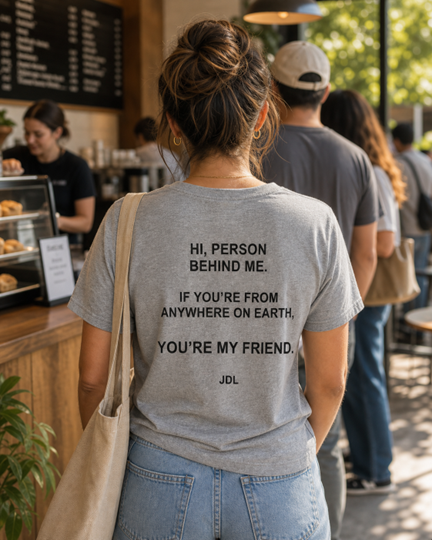 Model wearing the JDL Earth Friend Tee from the back in a coffee shop line, showing the positive back message.