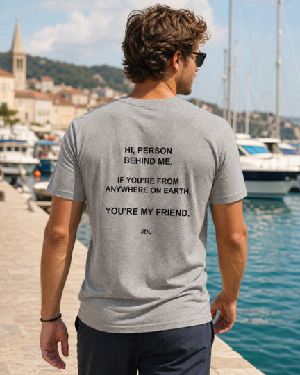Model wearing the JDL Earth Friend Tee from the back near a harbor, showing the message: if you're from anywhere on Earth, you're my friend.