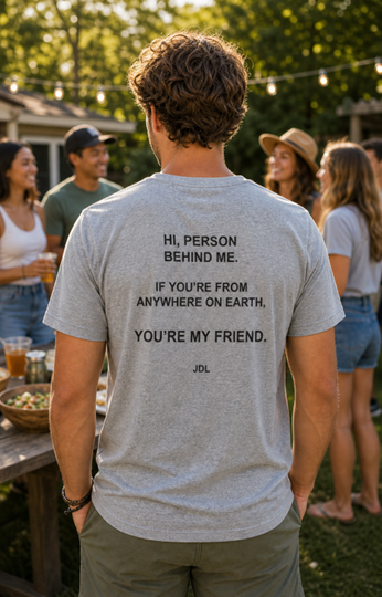 Model wearing the JDL Earth Friend Tee from the back at a casual gathering with friends.